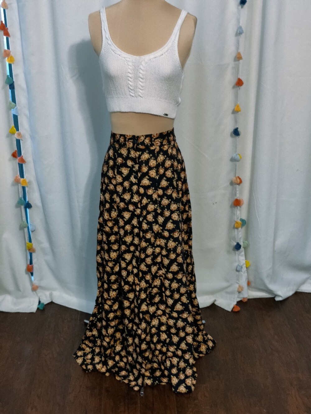 90s Express Low Slung full button front Maxi Skirt Twilight Roses floor dragger